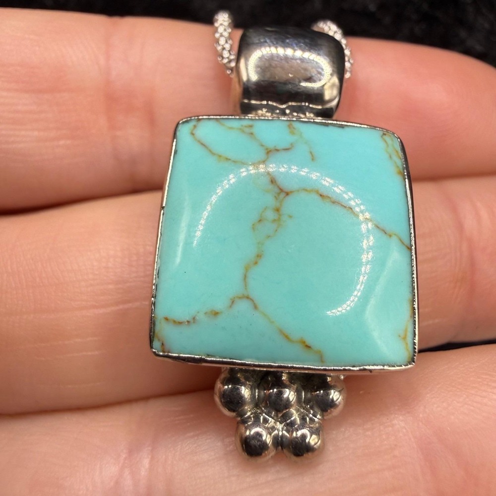 Vintage ATI Sterling Silver Necklace Polished Blue Stone Pendant 18"